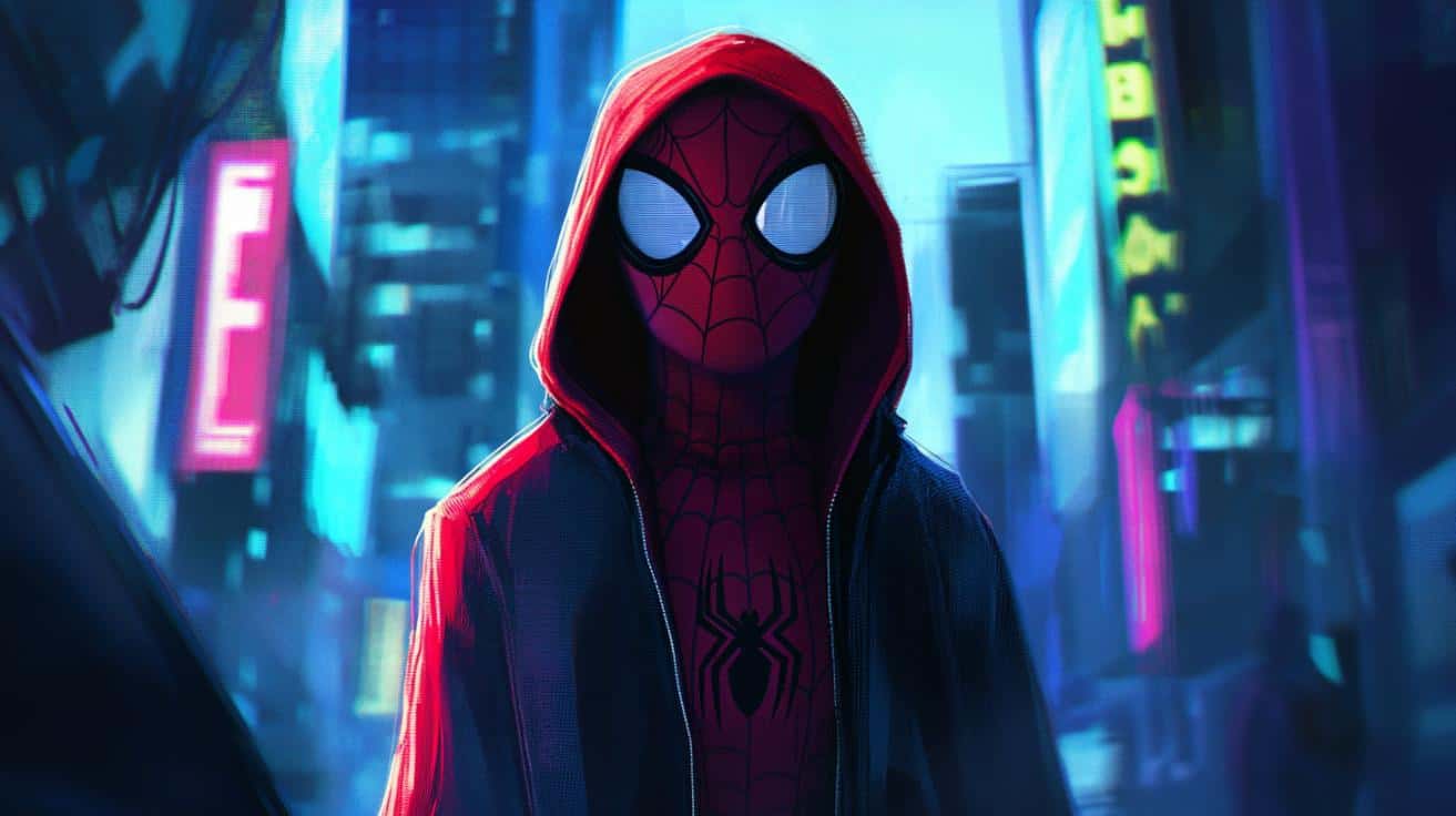 depiction of the Into the Spiderverse version of Spiderman in a hoodie in a city
