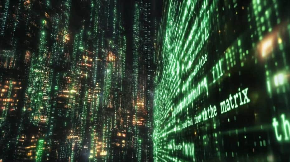 Green code rains down a digital cityscape similar to a scene from The Matrix, a classic mind-bending sci-fi film.