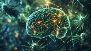 Digital illustration of a glowing brain surrounded by cannabis plants and neural light pathways, symbolizing how weed enhances music perception and brain activity.