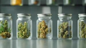 Several glass jars filled with different cannabis strains, showcasing the variety of terpene profiles.