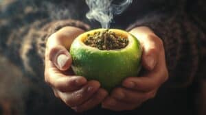 weed packed in the hollowed top of an apple