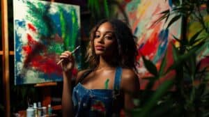 Woman painting on canvas, illustrating the creative focus some cannabis strains can provide
