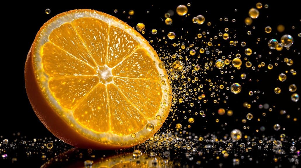 Half an orange bursting with citrus droplets on a black background, representing the bright, zesty aroma of the limonene terpene.