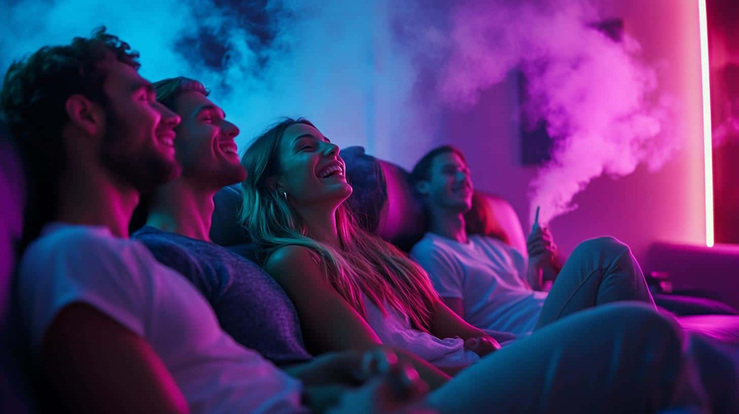 5 young adults smoking on a couch learning the best films to watch while you're high