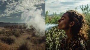 Woman exhaling cannabis smoke outdoors while hiking.
