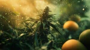 A mature cannabis plant stands tall among blurred mangoes, glowing in golden-green light, visually tying myrcene terpene to nature and aroma.