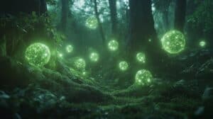 Glowing green orbs drift through a misty forest, symbolizing the presence and ethereal energy of terpenes in nature.
