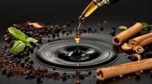 Dropper releasing oil into black liquid, surrounded by black pepper, cinnamon sticks, and herbs.