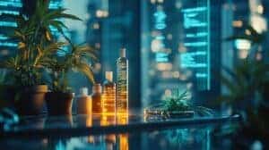 Modern glass bottles of cannabis and terpene extracts glowing against a futuristic cityscape, symbolizing the evolving future of linalool terpene.