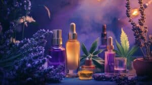 Colorful glass dropper bottles surrounded by lavender, cannabis leaves, and soft purple lighting, representing terpene-rich essential oils.