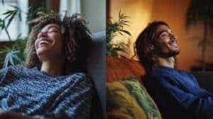 Two people smiling and relaxing on couches in separate rooms, capturing the euphoric and mellow feeling of taking a dab.
