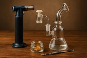 Dabbing setup on a wooden table, including a glass rig, torch, dab tool, and a jar of cannabis concentrate.