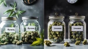 Side-by-side jars labeled Myrcene and Limonene highlight terpene effects—sleepy strains vs energizing ones.