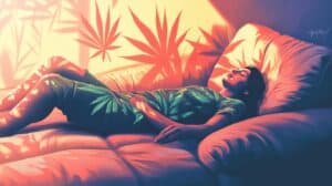 artistic rendition of a person sleeping with subtle cannabis leaves shadowed on her surroundings