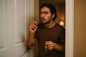 A photo of weed and paranoia shown through a young adult standing by the front door at night, holding keys and a joint with a nervous expression.
