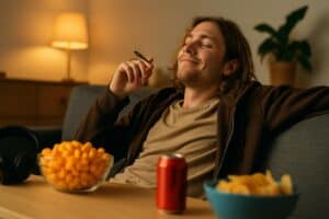 Man relaxing on a couch with snacks and a joint, illustrating the connection between weed and paranoia in a calm home setting.