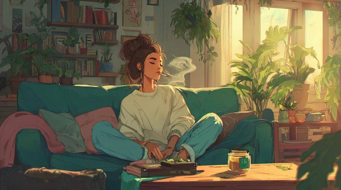 woman smoking a joint in a relaxing setti