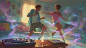 Two people dancing joyfully in a colorful, smoke-filled room with vinyl records and glowing lights, representing cannabis-enhanced dopamine release and euphoric mood.