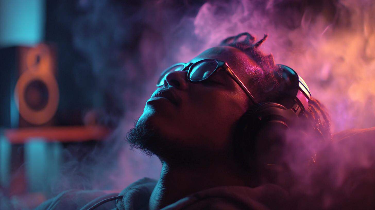 Man wearing headphones and surrounded by colorful smoke, eyes closed and immersed in sound, capturing how weed makes music sound better.