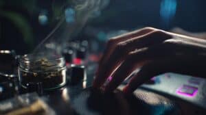 Close-up of a DJ’s hand mixing music next to a jar of cannabis, symbolizing the creative fusion where cannabis and music collide.