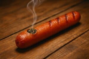 a hotdog hollowed and made into a smoking pipe with weed packed