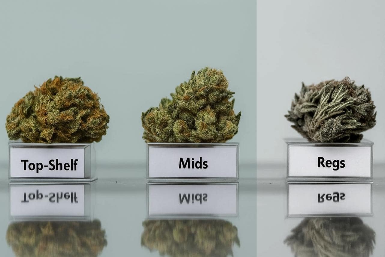 3 labeled weed nugs side by side demonstrating whats are mids, regs, and top-shelf
