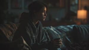an anxious young woman sitting on a couch, holding a glass of water