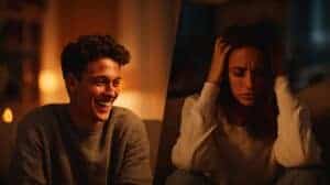 dab effects: a young man laughing on a couch and a woman feeling a strong head high