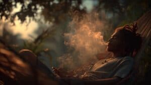man smoking a joint in a hammock, eyes closed, showing pure relaxation
