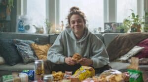 a woman with the munchies sitting on a couch, surrounded by and holding food