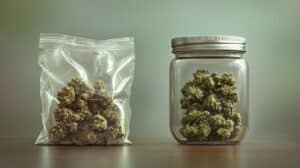 Marijuana buds stored in a clear jar next to a plastic bag of weed, illustrating quantity and storage options for first-time buyers.