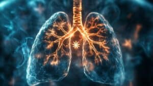 Digital rendering of human lungs illuminated with glowing orange bronchial pathways, symbolizing cannabis inhalation and respiratory effects.