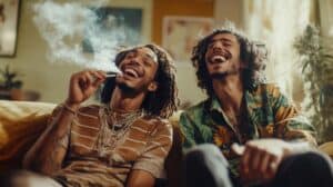 friends laughing in a living room smoking a joint