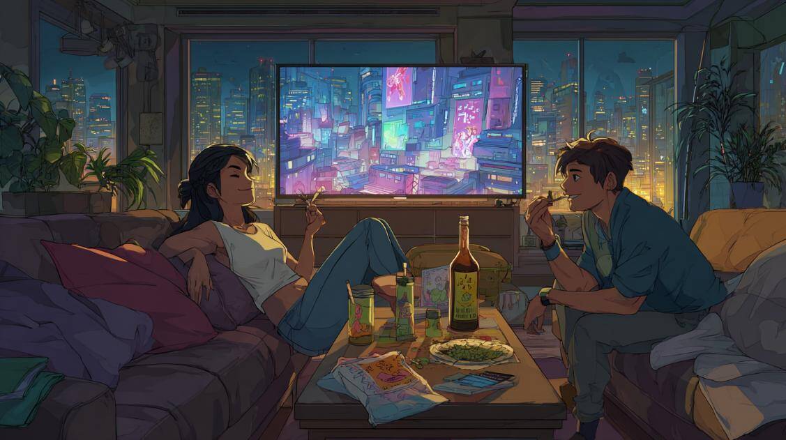Couple enjoying snacks, joints, and neon anime on screen deciding what anime to watch while stoned.