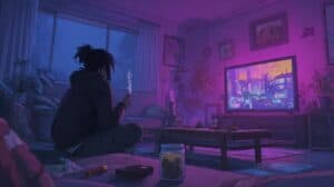 Person watching anime in a neon-lit living room while smoking weed, capturing why anime and cannabis pair so well.
