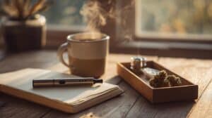A cozy morning routine setup with a steaming mug, notebook, weed pen, and tray of cannabis flower by the window.