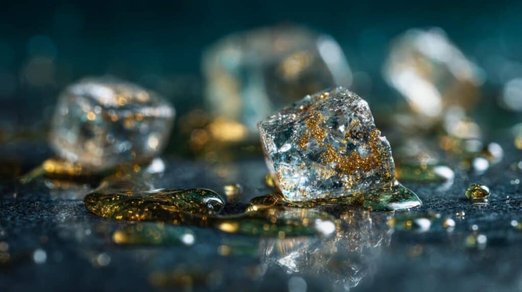 Glossy, crystal-like cannabis concentrates glistening with golden terpene sauce, visually answering the question: “what are weed diamonds.”