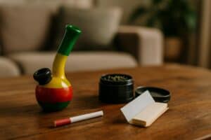 Colorful mini bong, pre-roll, grinder, and rolling papers laid out on a wooden table.