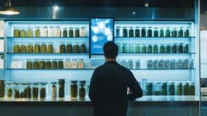 Person standing in front of a dispensary shelf lined with jars of cannabis, deciding how much weed to purchase.
