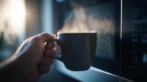 a hand holding steaming water in a mug from a microwave