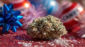 A nug of Cap Junky weed strain sits on a glittery red surface surrounded by red, white, and blue holiday decorations, perfect for a festive Fourth of July vibe.