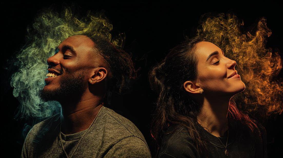 A man and a woman exhale colorful cannabis smoke while smiling in opposite directions, visually representing how men and women react to weed differently
