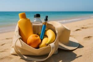 Beach bag with sunscreen, water, snacks, and vape pen for weed and the beach