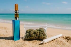 a vape, pre-roll, and a bag of cannabis, a visual representation of weed and the beach