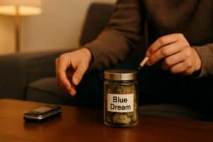 A person smoking a joint of blue dream on a couch about to watch stand-up comedy - a jar of blue dream sits on the coffee table nearby