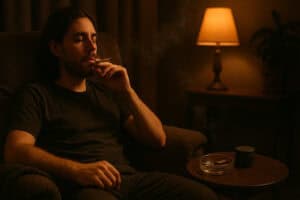 man puffing on a joint at night in his living room, lights dim, representing a more emotional high