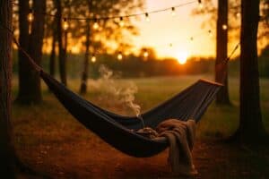 Outdoor hammock smoking setup with sunset and string lights