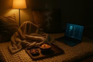 Blanket cocoon smoking spot with snacks and music setup