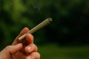 Hand holding a rolled cannabis joint outdoors