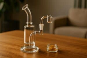 Photo of a glass dab rig on a wooden table beside a jar of golden cannabis concentrate in natural lighting